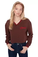 Bluzy damskie - Trendyol Damska bluza z dekoltem w serek z hasłem, Brązowy, S - miniaturka - grafika 1