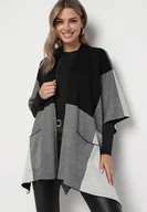 Swetry damskie - Czarno-Szare Ponczo Narzutka z Kieszeniami i Dodatkiem Wełny Verethea - miniaturka - grafika 1