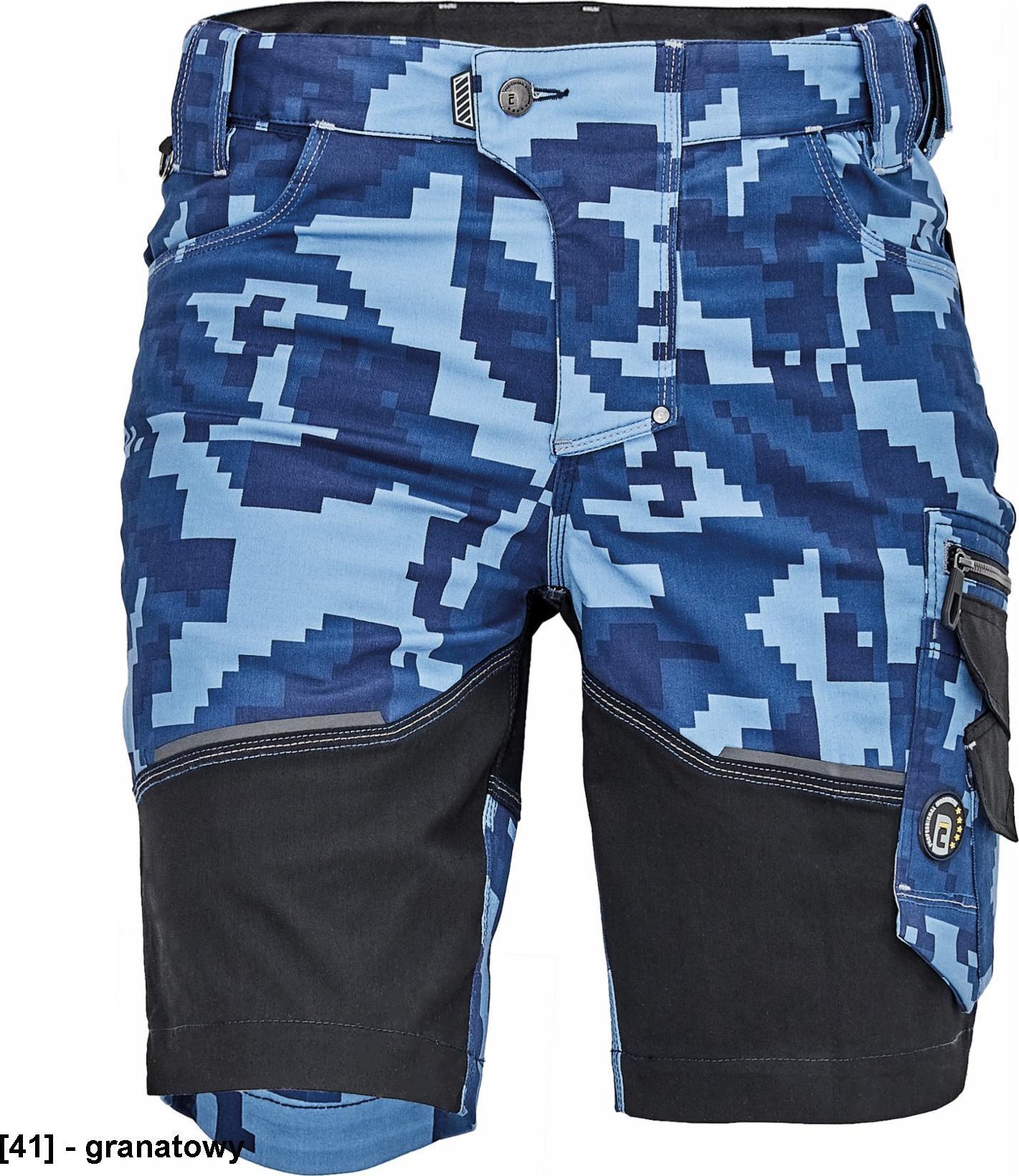 CERVA NEURUM CAMOUFLAGE szorty - męskie szorty robocze, 6 kieszeni, elastyczny materiał Trifibetex z nadrukiem moro, odblaski - granatowy 52