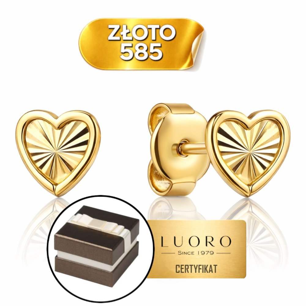 KOLCZYKI ZŁOTE 585 14K SERCA DIAMENTOWANE SZTYFT OK 5,6 MM ELEGANCKIE