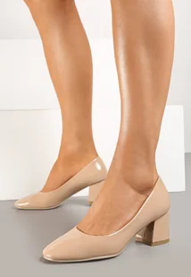 Ciemnobeżowe Klasyczne Lakierowane Czółenka Vices na Obcasie ze Skórzaną Wkładką Tinathria - Czółenka - miniaturka - grafika 1