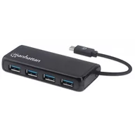 Huby USB - Manhattan USB-C 4-portowy hub/stacja dokująca, USB-C na 4 porty USB-A, 5 Gb/s (USB 3.2 Gen1 aka USB 3.0), zasilanie magistrali, czarny, pudełko 164924 - miniaturka - grafika 1