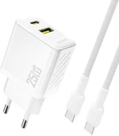 Ładowarki do telefonów - Ładowarka sieciowa USB-A USB-C z kablem USB-C GaN PD QC 25W - biała Ładowarka sieciowa USB-A USB-C z kablem USB-C GaN PD QC 25W - biała - miniaturka - grafika 1