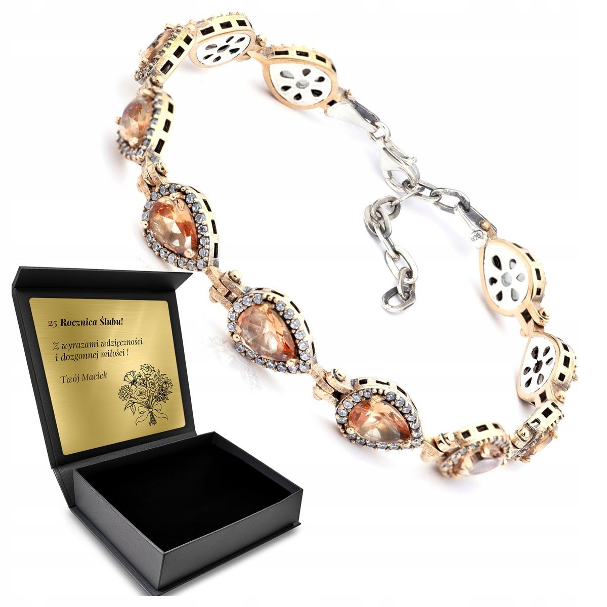 Bransoletka Srebrna 925 Cyrkonie Zultanit Biżuteria Dla Kobiety Z Grawerem