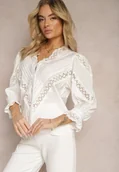 Koszule damskie - Biała Koszula z Wiskozy z Rękawami 7/8 Ozdobiona Koronką i Falbankami przy Mankietach Waerata - miniaturka - grafika 1