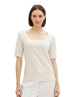 Koszulki i topy damskie - TOM TAILOR Damska koszulka z prążkowaną strukturą i paskami, 32396-Grey Offwhite Stripe, XL - grafika 1