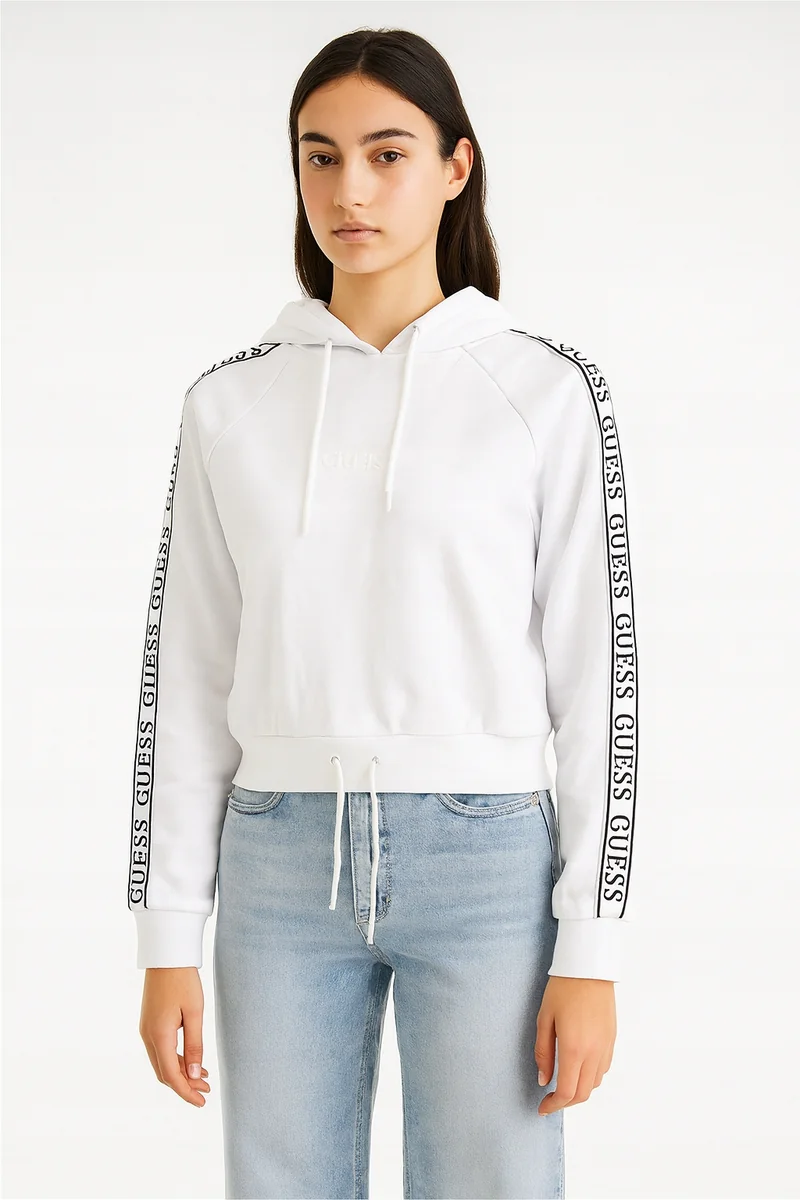 GUESS BIAŁA BLUZA Z KAPTUREM Z TAŚMĄ Z NADRUKIEM LOGO XS 12CA
