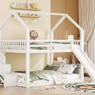 Łóżka dla dzieci i młodzieży - Łóżko piętrowe drewniane 140x200cm - z barierkami + drabinka + zjeżdżalnia - białe - miniaturka - grafika 1
