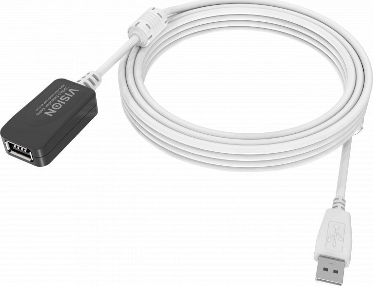 Vision VISION installationstaugliches USB 2.0-Aktiv-Verlangerungskabel - 30 JAHRE GARANTIE - Gold-Steckverbinder - Ferritkerne - 480 Mbit/s - Abschirmgeflecht mit uber 65 % Abdeckung - USB-A F zu USB-A M - Aussendurchmesser 4,5 mm - 28 + 24 AWG - 5 m