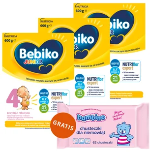 Zestaw Bebiko Junior 4 Nutriflor Expert, odżywcza formuła na bazie mleka, powyżej 2 roku, 3 x 600 g + Bambino, chusteczki nawilżane, od urodzenia, 63 sztuki gratis - Mleko modyfikowane - miniaturka - grafika 1