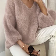 Bluzy damskie - TEMU Elegancki Sweter Damski z Dekoltem w Serek - Miękki Różowy Pastel, Zimowa Bluza 3/4 rękawek Luźny Fason Jednokolorowe Okrycie na Jesień i Zimę - miniaturka - grafika 1