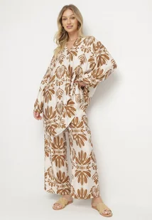 Ciemnobeżowy Komplet z Wiskozą w Etniczny Wzór Długa Koszula i Szerokie Spodnie Rindira - Komplety damskie - miniaturka - grafika 1
