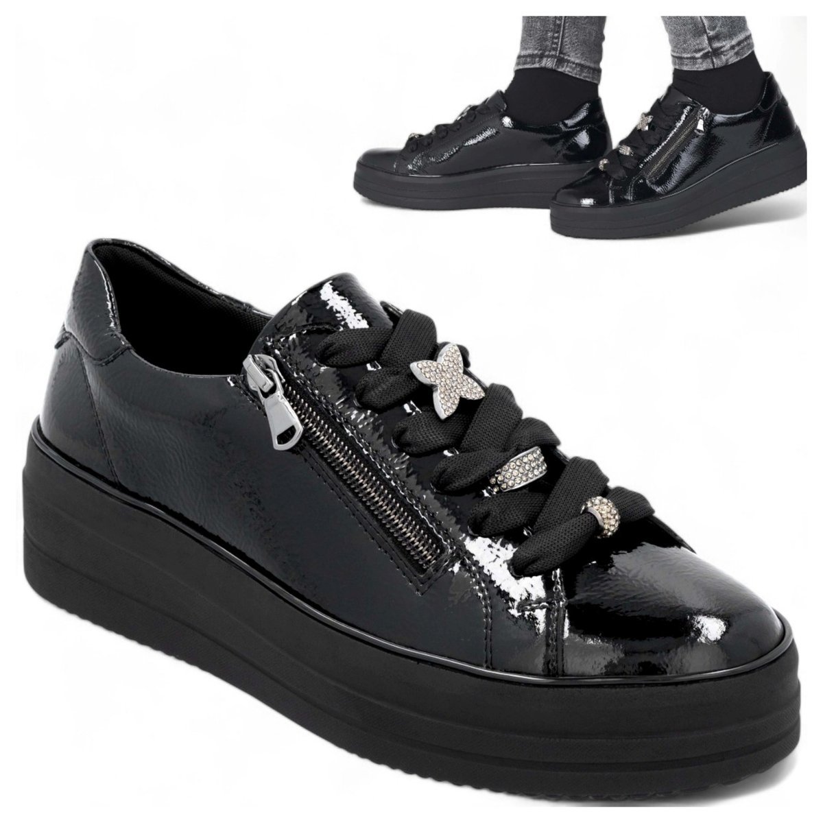 Półbuty Damskie Skórzane Wygodne Sneakersy na platformie Remonte Czarne 37