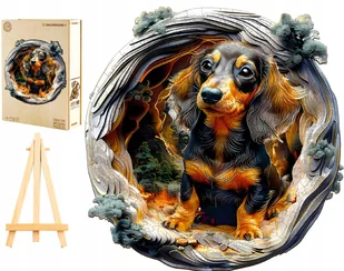 PUZZLE DREWNIANE DUŻE 300 ELEMENTÓW W DREWNIANYM PUDEŁKU PIES JAMNIK 3D - Puzzle - miniaturka - grafika 1
