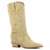 Kozaki damskie - Beżowe kozaki kowbojki damskie CARINII B5681-O17 skóra zamszowa ćwieki r.37 - miniaturka - grafika 1