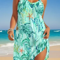 Sukienki - TEMU Bluzka Bez Rękawów w Stylu Boho z Tropikalnym Wzorem – Kolorowe Niebiesko-Zielone Kwiaty i Rozgwiazdy, Lekki Elastyczny Top na Wakacje, Pranie - miniaturka - grafika 1