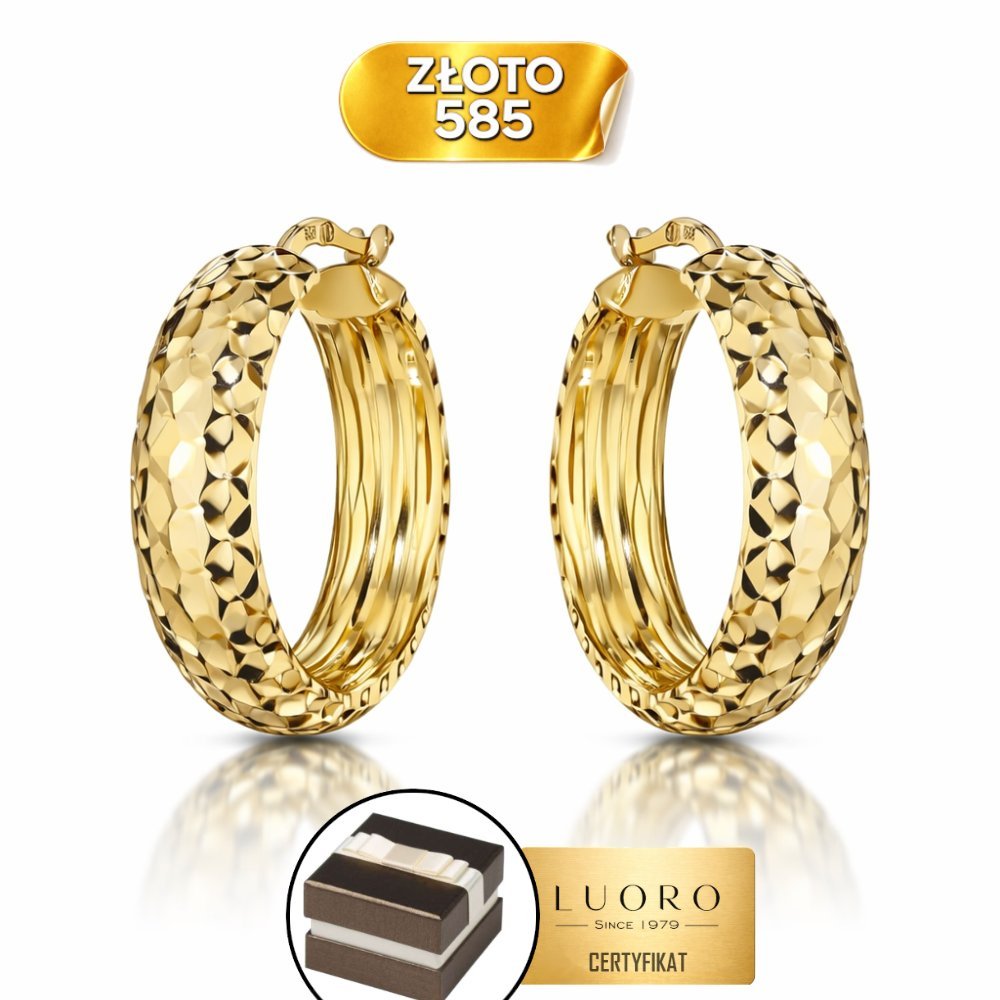 KOLCZYKI ZŁOTE 585 14K KOŁA DIAMENTOWANE SZEROKA SZYNA 26 MM PREZENT