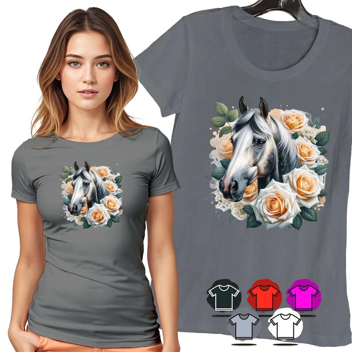 KOSZULKA DAMSKA T-SHIRT - BIAŁY KOŃ I RÓŻE ELEGANCKI PORTRET DAMSKI - XXL