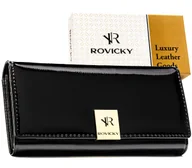 Portfele - Lakierowany portfel damski ROVICKY skórzany duży na zatrzask rozbudowany na karty rfid stop czarny - miniaturka - grafika 1