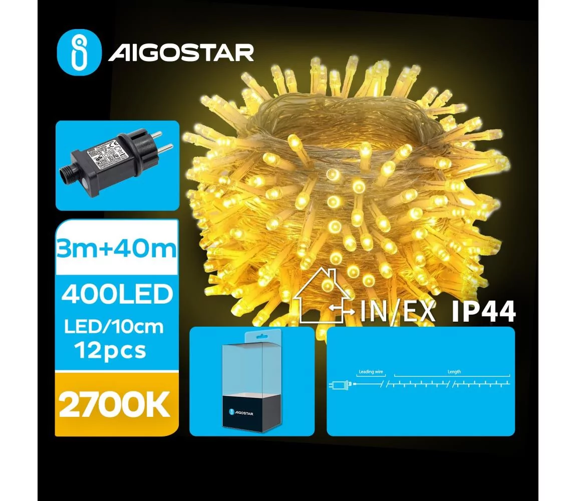 Aigostar - LED Zewnętrzny łańcuch bożonarodzeniowy 400xLED/8 funkcji 43m IP44 ciepła biel