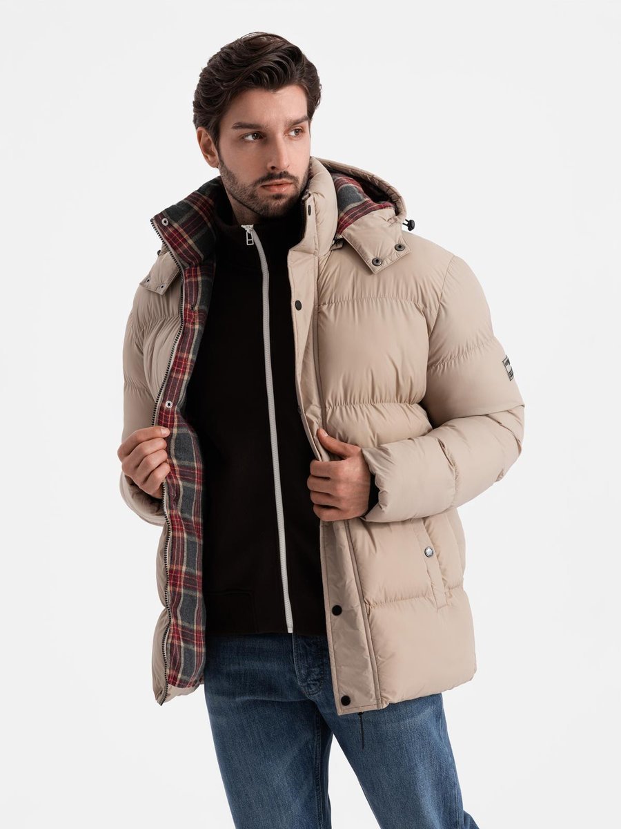 Kurtka męska puffer z podszewką w kratę beżowa V2 OM-JAHP-0205 XL