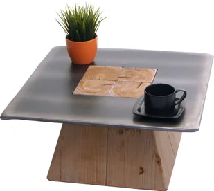 Stolik kawowy HWC-L76, stolik boczny do salonu, industrialny stolik z litego drewna MVG, 60x60cm naturalny o metalicznym wyglądzie - Ławy i stoliki kawowe - miniaturka - grafika 1
