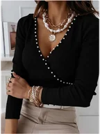 Bluzki damskie - Damska bluzka z dekoltem i perełkami - Czarny - miniaturka - grafika 1