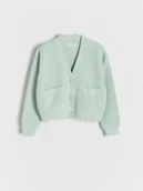 Swetry dla dziewczynek - Reserved - Krótki kardigan z kieszeniami - jasnozielony - miniaturka - grafika 1