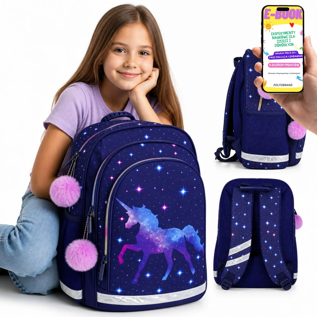 PLECAK SZKOLNY dla DZIEWCZYNKI JEDNOROŻEC Unicorn GALAXY Duży A4 + E-BOOK