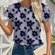 Koszule damskie - TEMU Bluzka Damska Casualowa z Eleganckim Nadrukiem 3D w Kwiaty, Krótki Rękaw - Granatowo-Szara i Jasnoszara, Okrągły Dekolt, Materiał Nieelastyczny - miniaturka - grafika 1