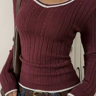 Swetry damskie - TEMU Sweter Damski z Dekoltem w Serek - Kolorowy Blok, Rękawy Długie, Kontrastowe Wykończenie Bordowo-Białe, Pranie Maszynowe, Regularny Krój, Modna - miniaturka - grafika 1