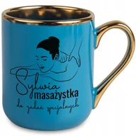 Kubki - KUBEK 330 ML NIEBIESKI UCHO RANT ZŁOTY PREZENT DLA MASAŻYSTKI TWOJE IMIĘ - miniaturka - grafika 1
