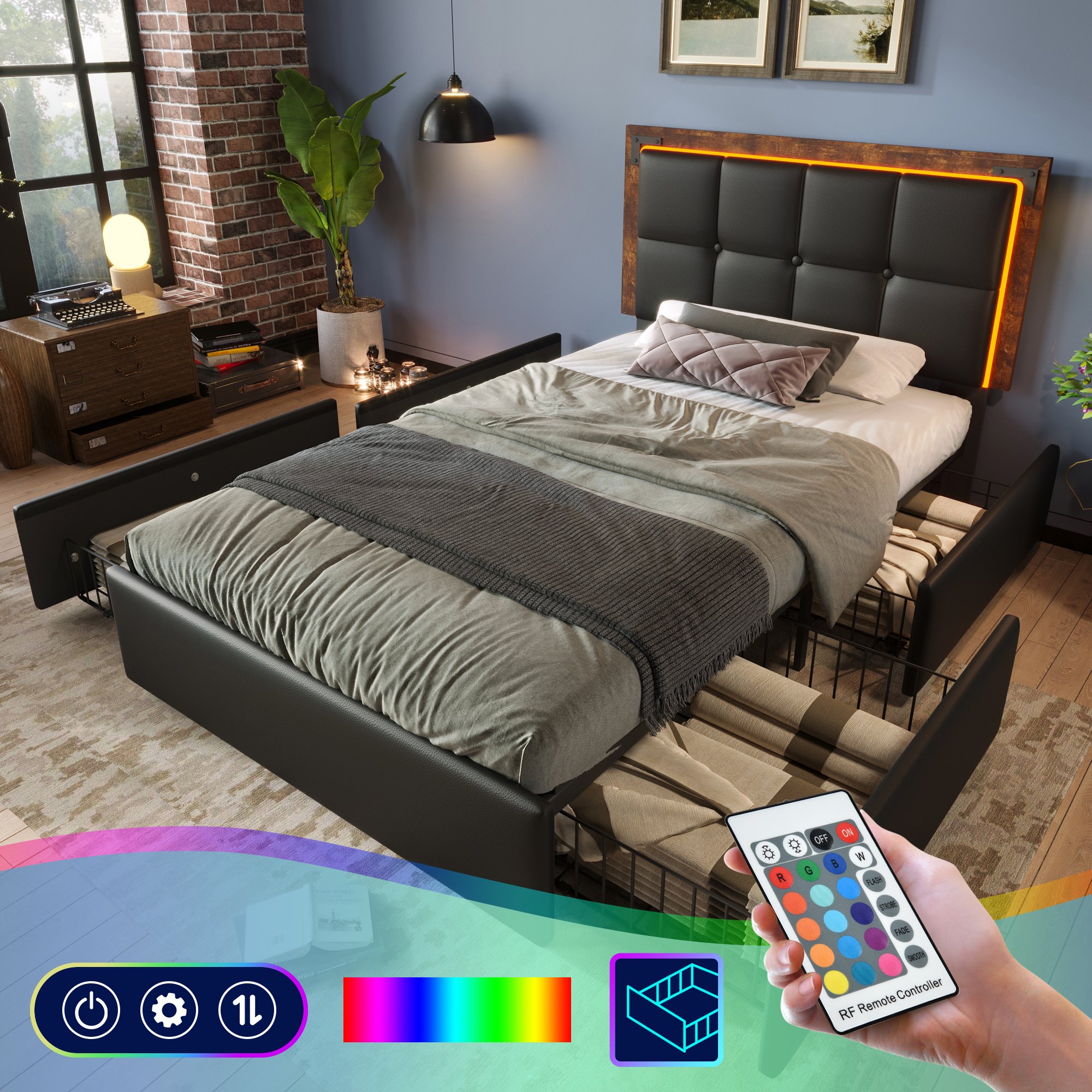 Rama łóżka Sweiko z listwą oświetleniową LED i 4 szufladami, łóżko pojedyncze, łóżko tapicerowane 90x200 cm, zagłówek z regulacją wysokości, funkcjonalne łóżko, PU czarny (bez materaca)