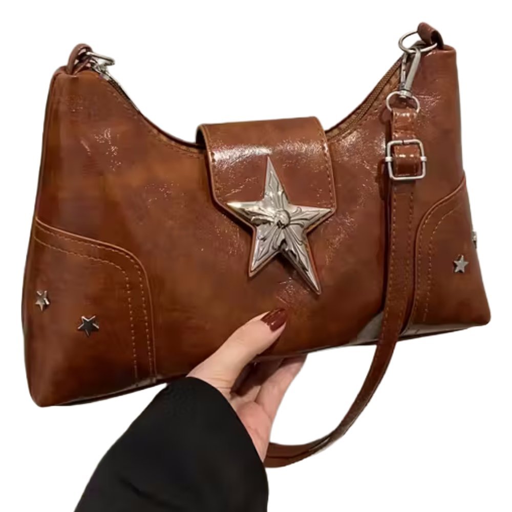 Damska Torebka z Ekoskóry na Ramię z Gwiazdą Vintage Brązowa