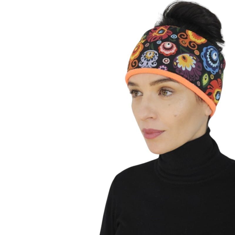 Opaska Na Głowę Ocieplana Folk Łowicki Czarna I Pomarańczowa