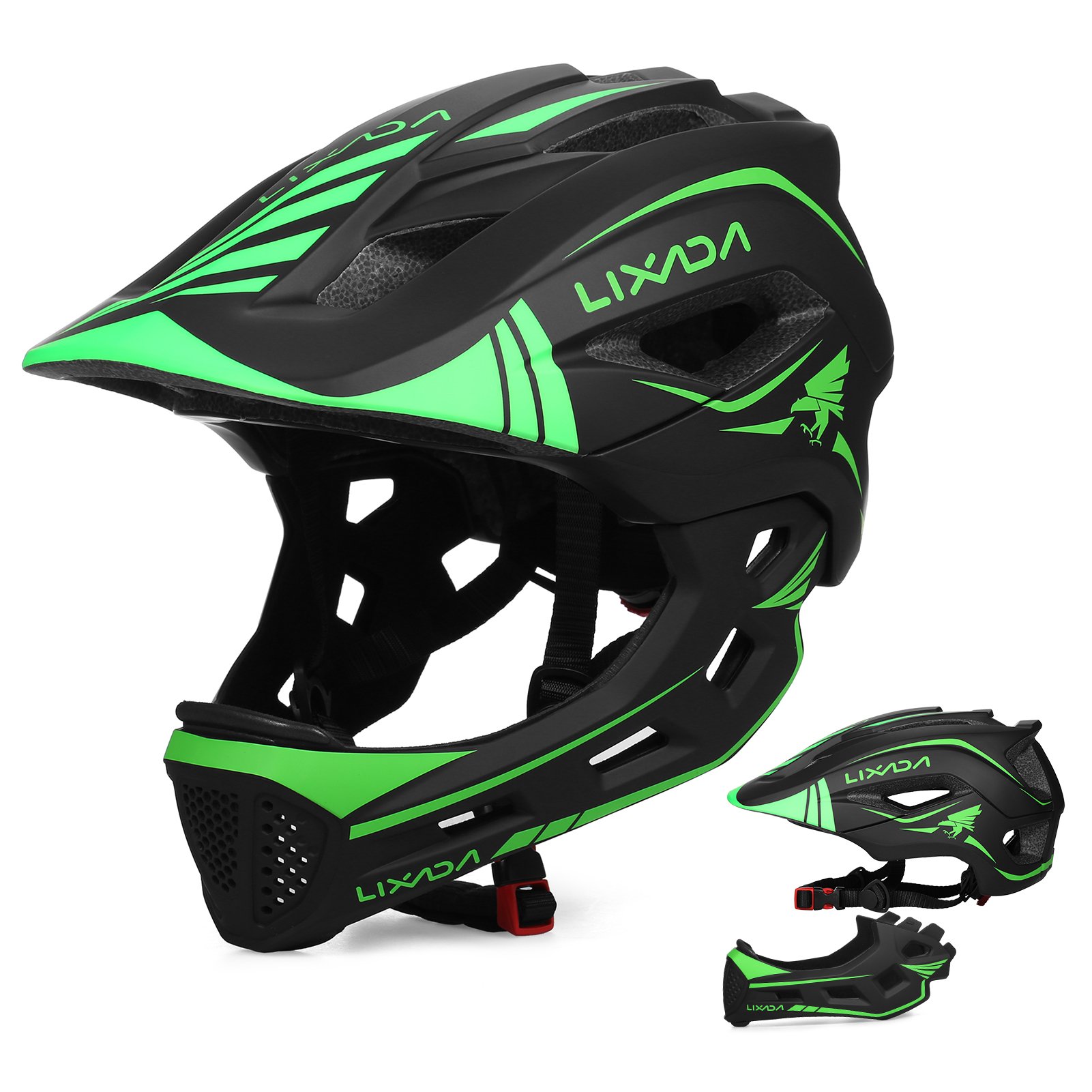 Kask rowerowy LIXADA dziecięcy kask rowerowy chłopięcy dziewczęcy kask sportowy zdejmowany kask pełnotwarzowy zielony na rowery deskorolki wrotki