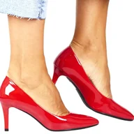 Czółenka - DAMSKIE CZÓŁENKA SZPILKI NA NISKIM OBCASIE SERGIO LEONE 1336 CZERWONE LAKIEROWANE - miniaturka - grafika 1