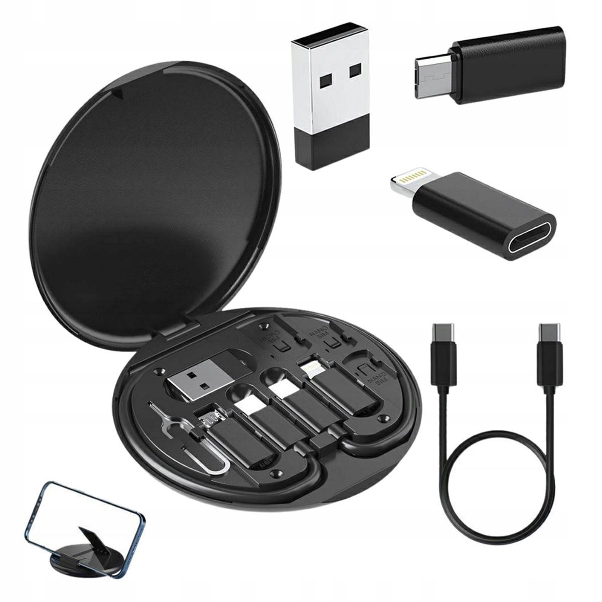 Zestaw Adapterów Przejściówek 5W1 Usb Typ C Do Lightning Micro Usb A Igła Kabel typc typc etui z funkcją podstawki podręczny podróżny mały kompaktow..