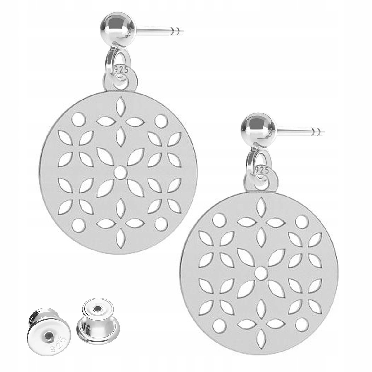 Kolczyki Srebrne Okrągłe Blaszki z Kwiatami Kwiaty Kwiatki SREBRO 925