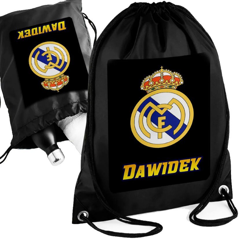 Personalizowany Czarny Worko-Plecak - REAL MADRID Twoje Imię Nadruk Prezent