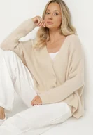 Swetry damskie - Beżowy Kardigan z Dekoltem w Serek z Dzianiny z Wełną i Moherem Lismio - miniaturka - grafika 1