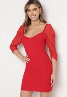 Sukienki - Czerwona Bawełniana Dopasowana Sukienka Mini z Przeźroczystymi Rękawami 3/4 Ferdiana - miniaturka - grafika 1