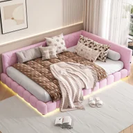 Sofy i kanapy - Łóżko tapicerowane Merax 140x200cm z LED i złączem USB, łóżko dzienne ze stelażem listwowym, sofa rozkładana z pluszu, funkcjonalne łóżko dwuosobowe łóżko dziecięce różowe - miniaturka - grafika 1