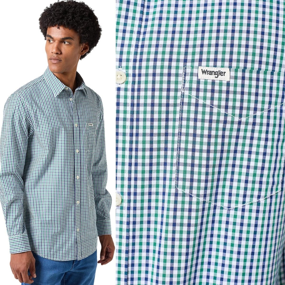 Wrangler 1 POCKET SHIRT Green Navy BAWEŁNIANA KOSZULA W DROBNĄ KRATĘ S