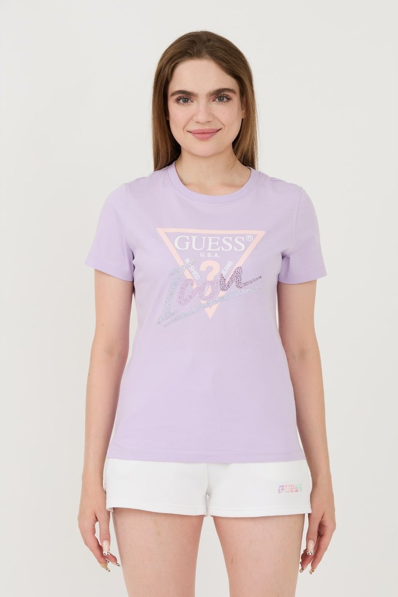 GUESS Lawendowy damski t-shirt bawełniany Icon Tee M