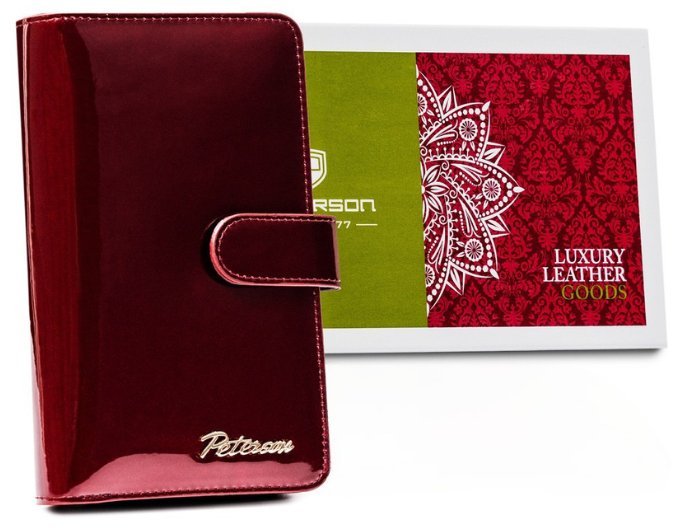 Skórzany portfel damski Peterson lakierowany duża portmonetka na karty i gotówkę, czerwony