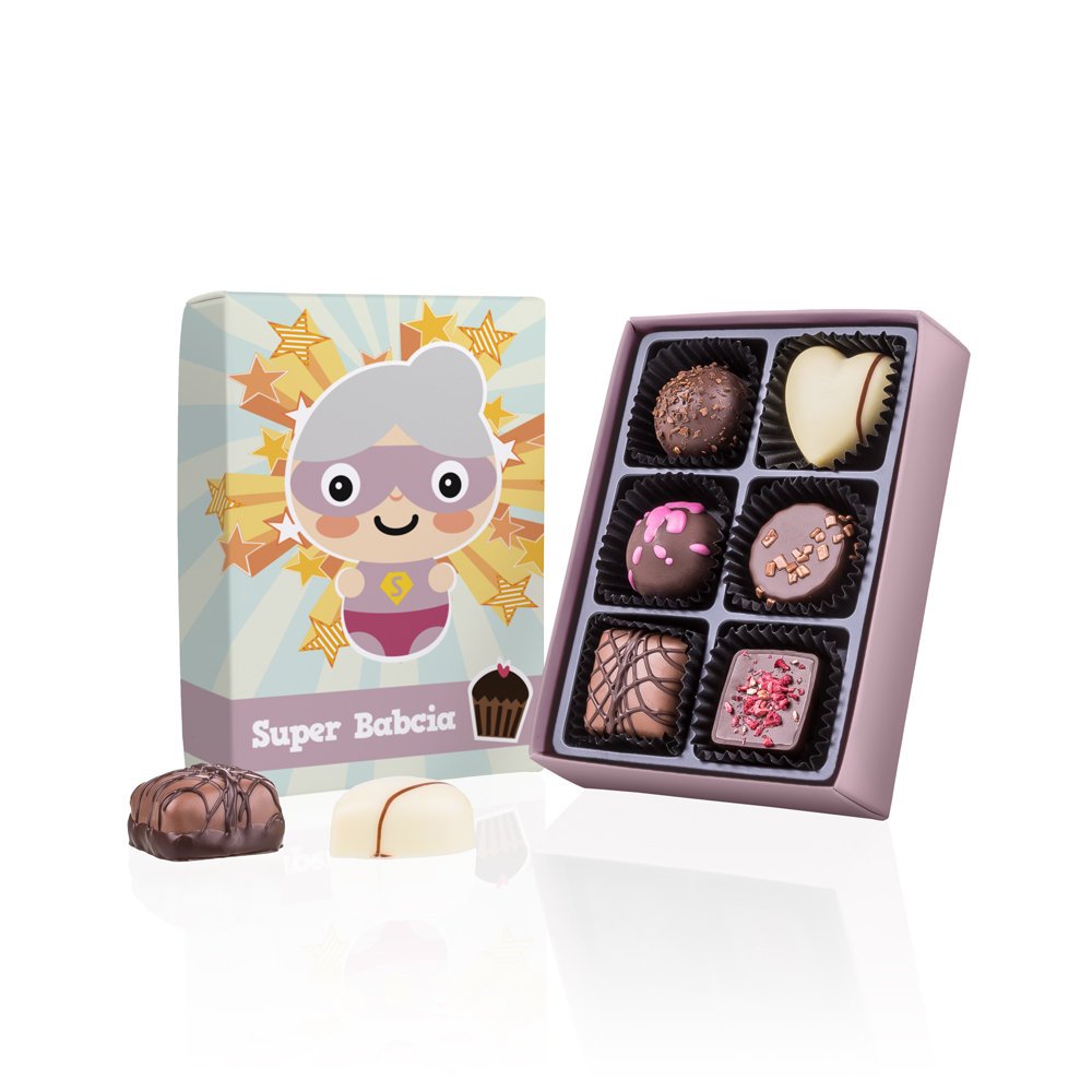 Pralinki Super Babcia z belgijskiej czekolady 6 szt. w ozdobnym pudełeczku z radosnym motywem dla super babci podarunek prezent na Dzień Babci
