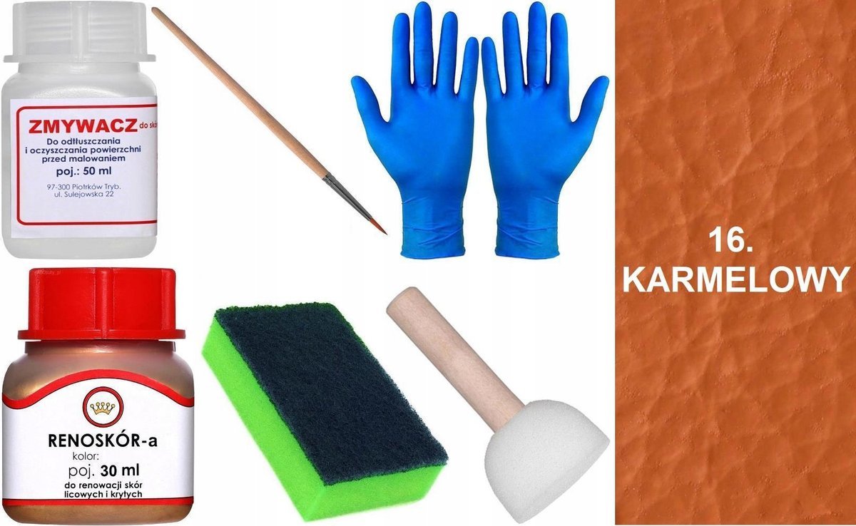 KARMELOWY 16 Renoskór ZESTAW DO RENOWACJI SKÓRY LICOWEJ Farba Zmywacz GĄBKA