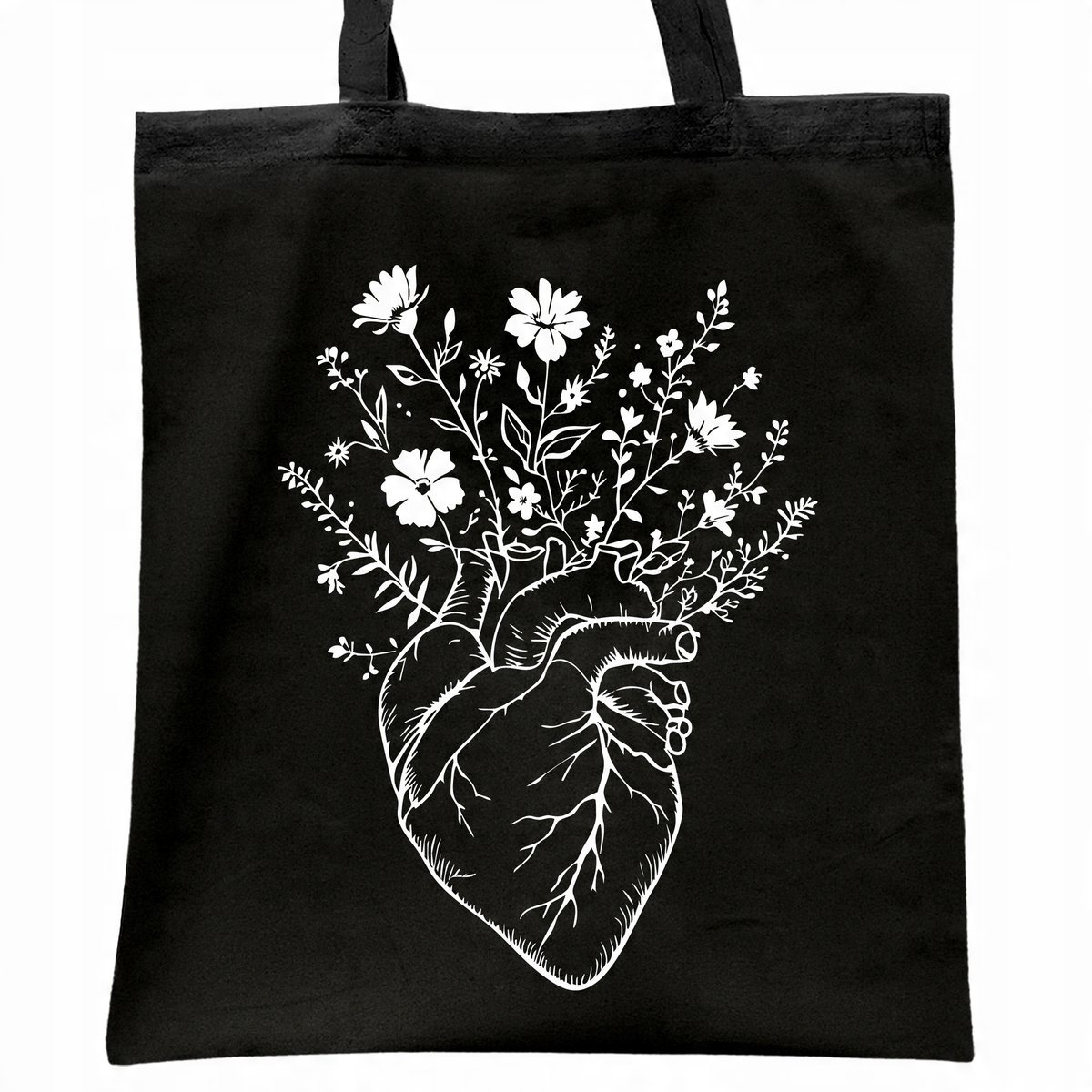 Torba bawełniana czarna na zakupy Serce Kwiaty Minimalizm