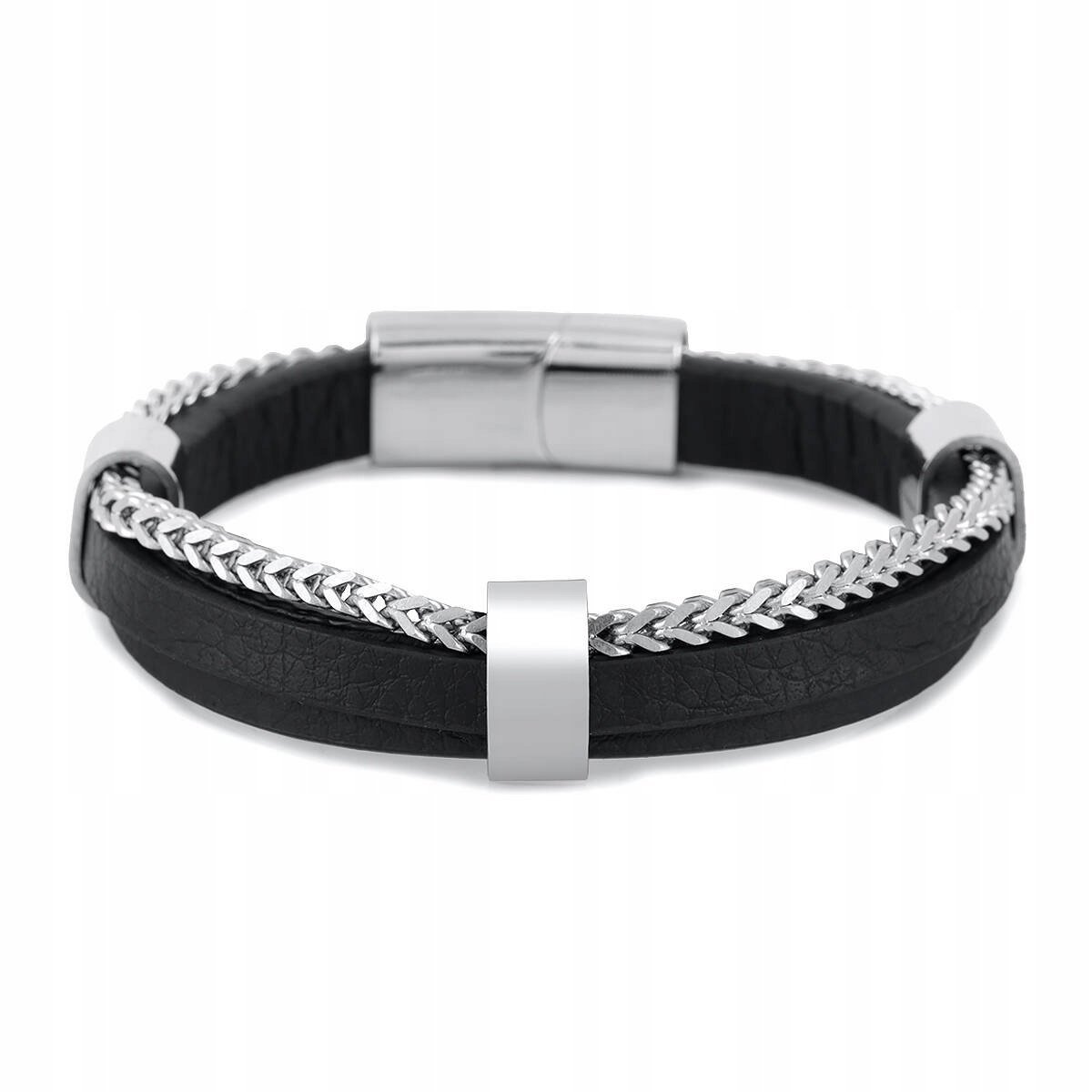 Czarna skórzana bransoletka męska rzemienie łańcuszek Pacific LB-015-S1